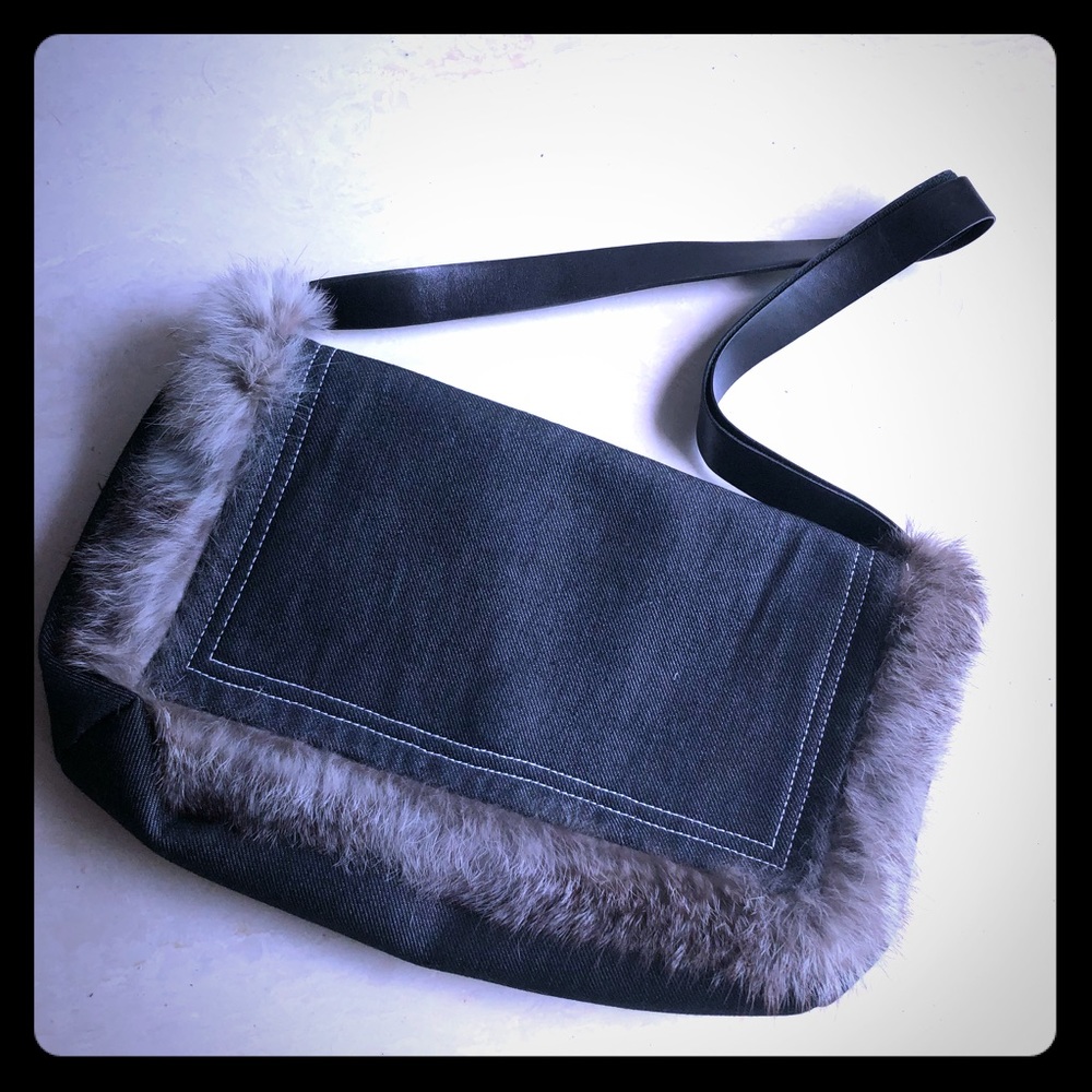PAOLA FRANI blue fur jean purse leather straps New